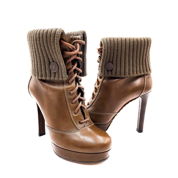Gucci Shoes - Gucci Khaki Brown Leather Lace Up Heeled Designer Boots Shoes EU 36.5